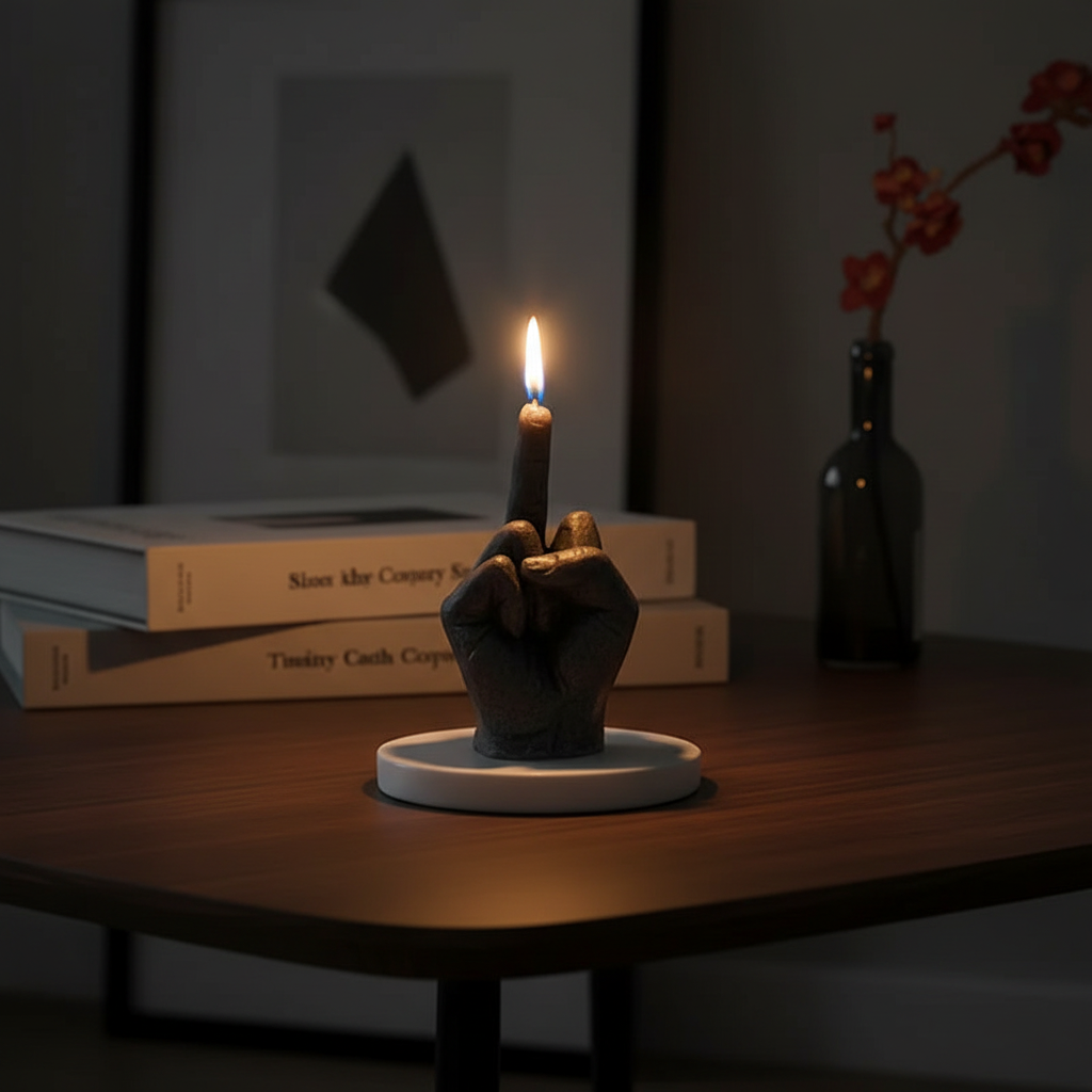 Funny middle finger soy wax candle on modern coffee table