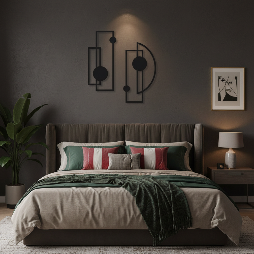 Pair of abstract hollow vertical metal wall art in cozy bedroom