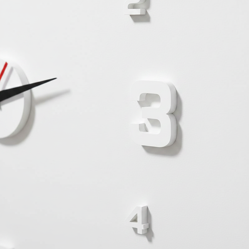 Close-up detail of 3D wall clock floating number digits showing depth and shadow effect