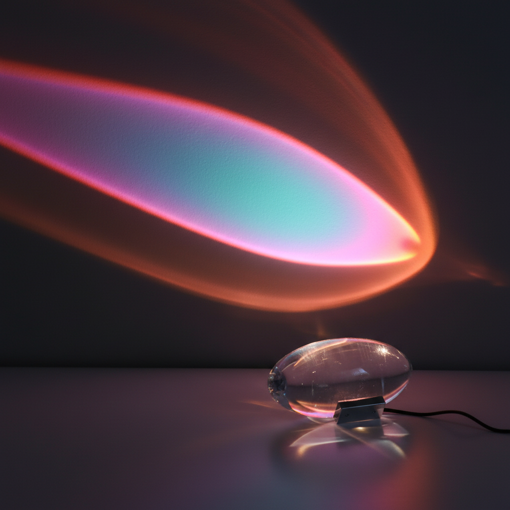 Close-up detail of crystal eye LED projector lamp glowing