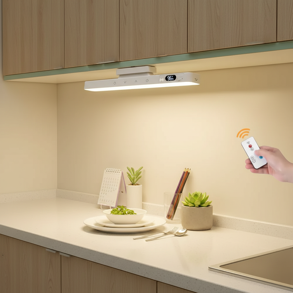 Rechargeable touch LED lamp on dining table in modern interior