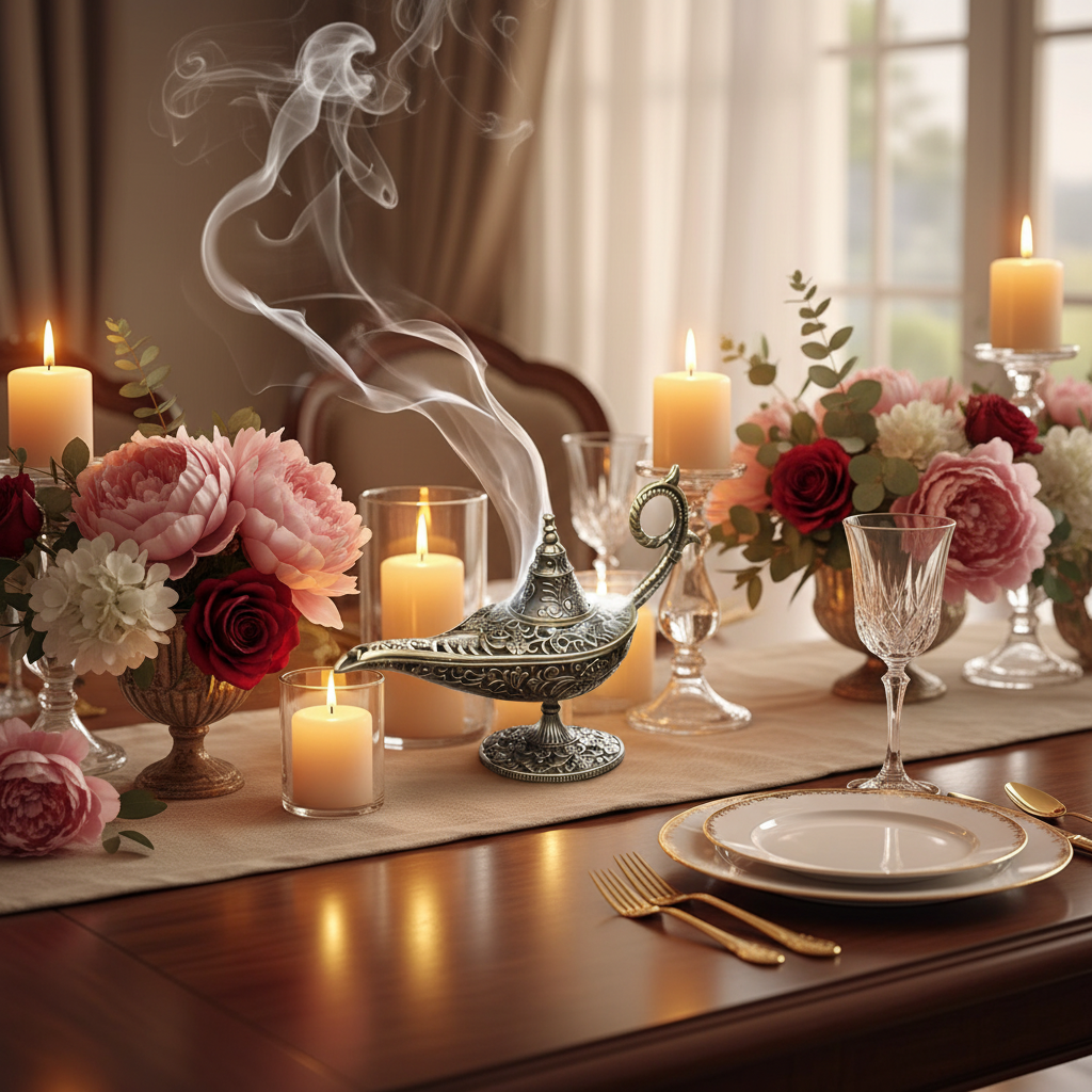 Decorative Aladdin oil lamp as centerpiece on dining table with candles and flowers