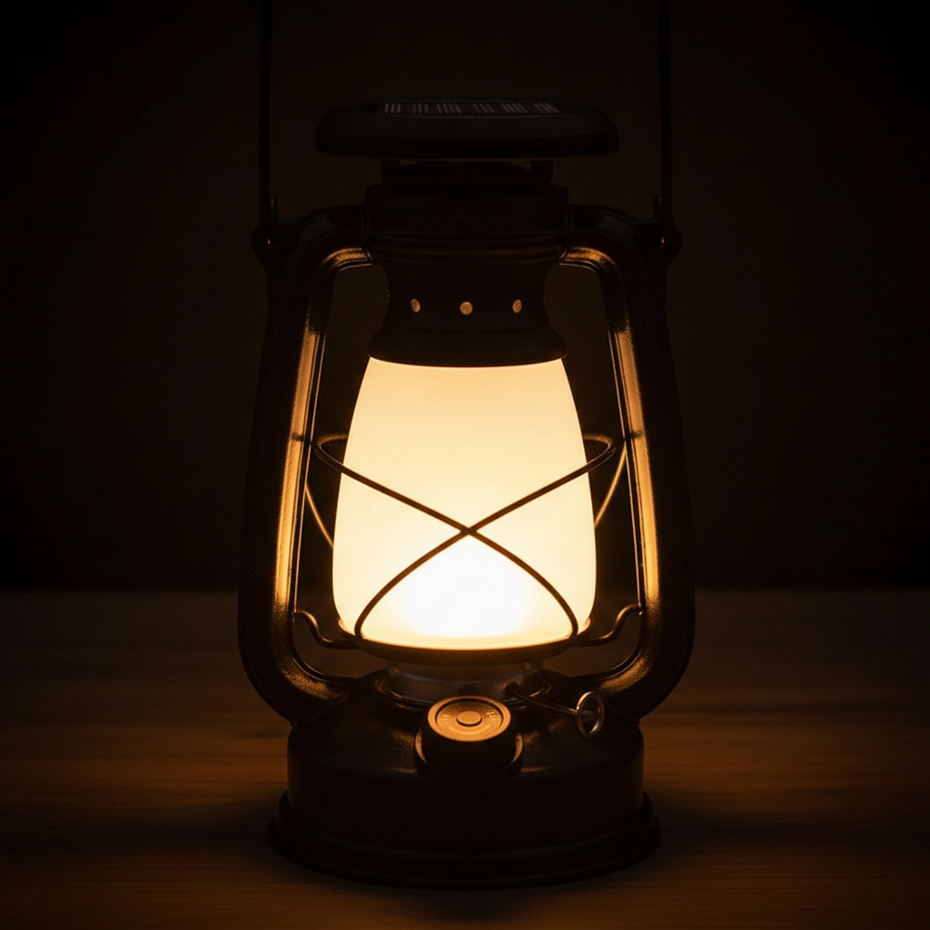 Close-up detail of retro rechargeable LED lantern with vintage metal frame