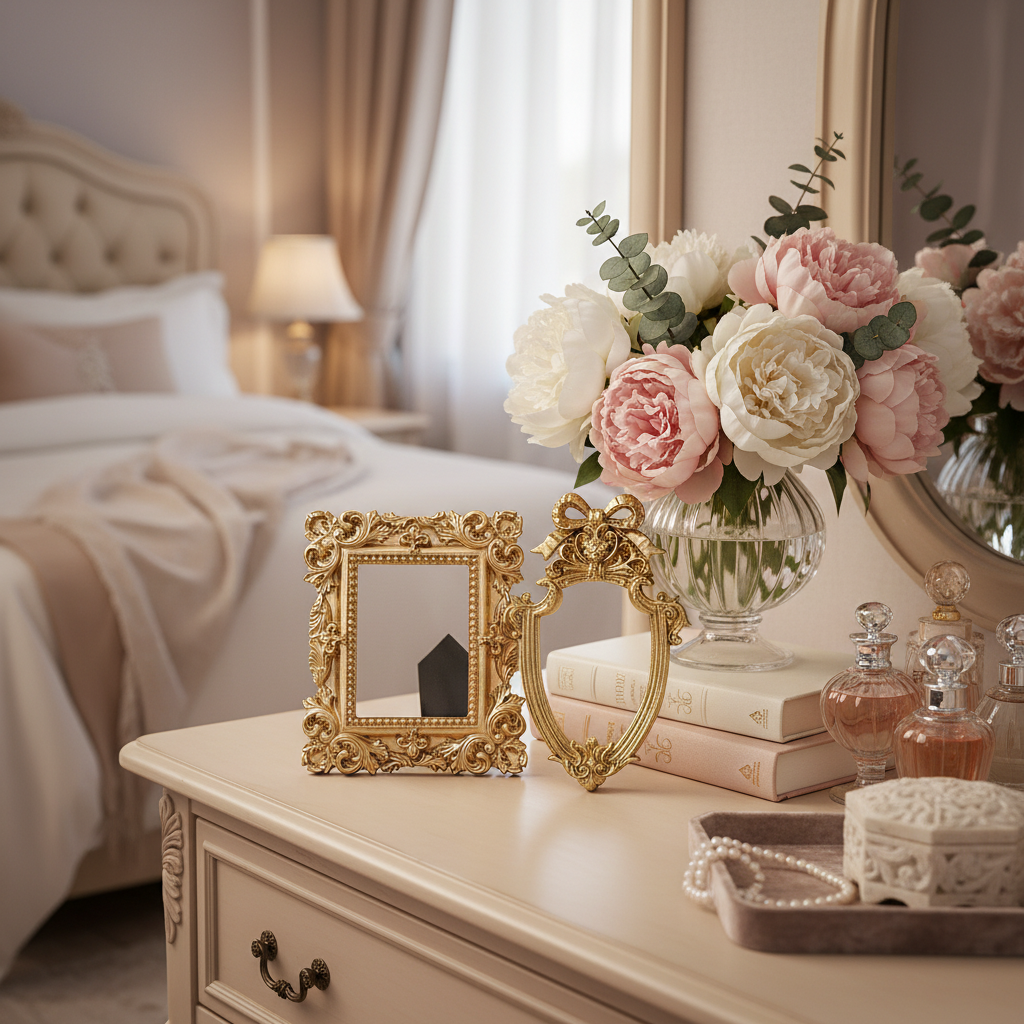 Golden resin photo frame on bedroom dresser with flowers and perfume bottles