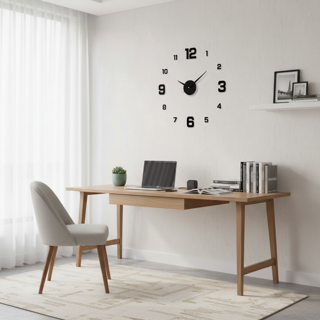 Modern DIY 3D wall clock in stylish home office above desk