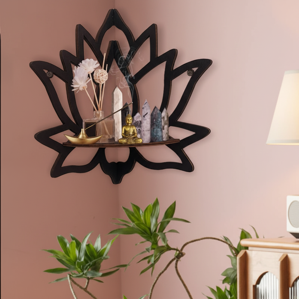 Wooden lotus wall shelf in meditation corner with incense holder and Buddha statue on dusty rose wall