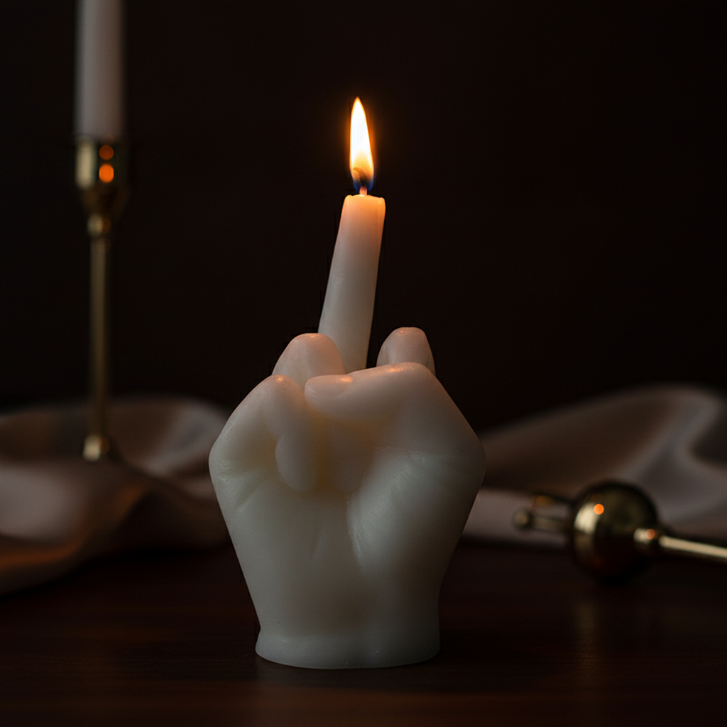 Close-up of middle finger shaped soy wax candle with flame