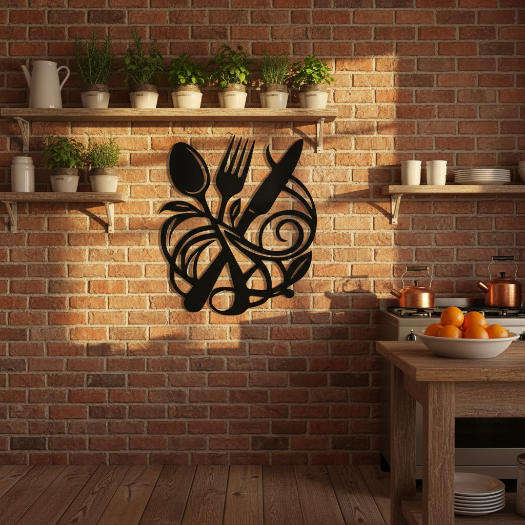 Vintage metal fork and knife wall art in rustic farmhouse kitchen