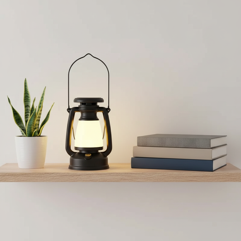 Vintage style rechargeable lantern as home decor on minimalist shelf