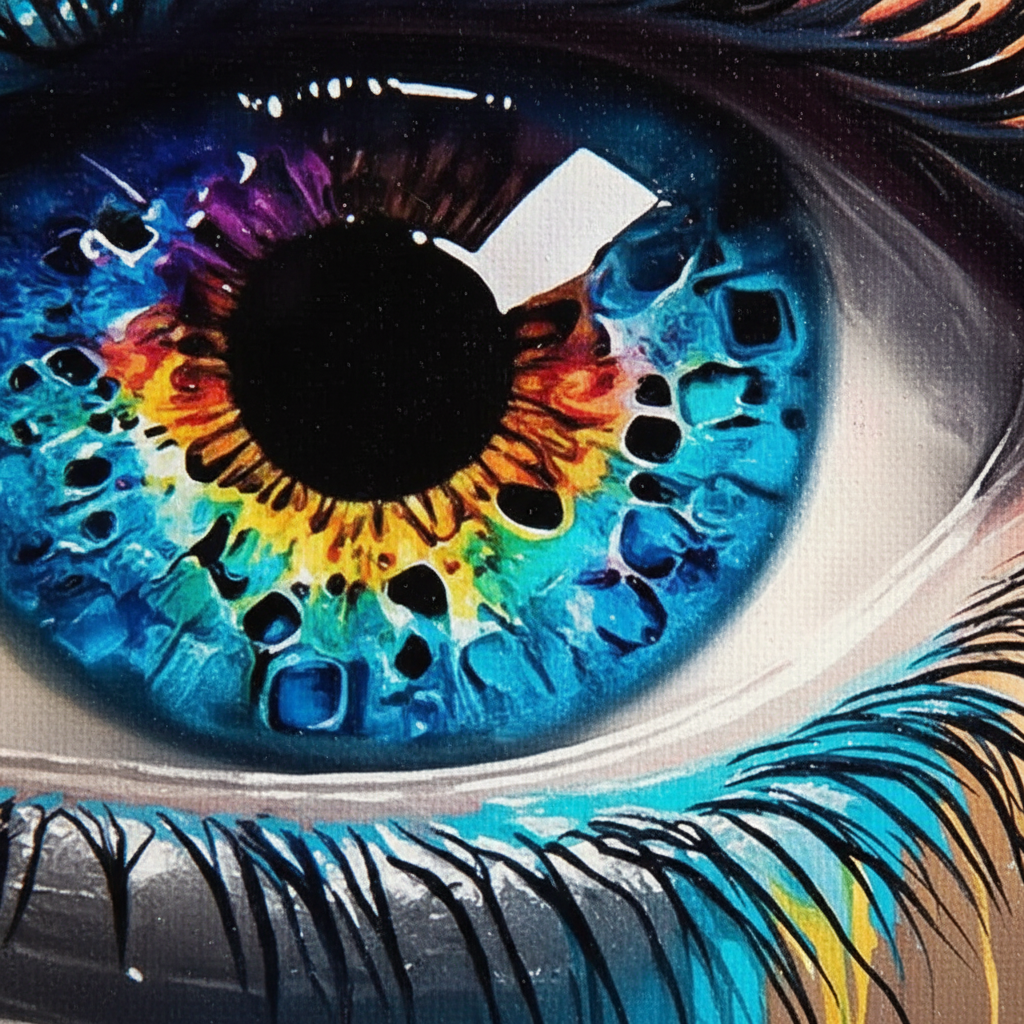Close-up detail of abstract eye HD print canvas wall art showing vivid colors