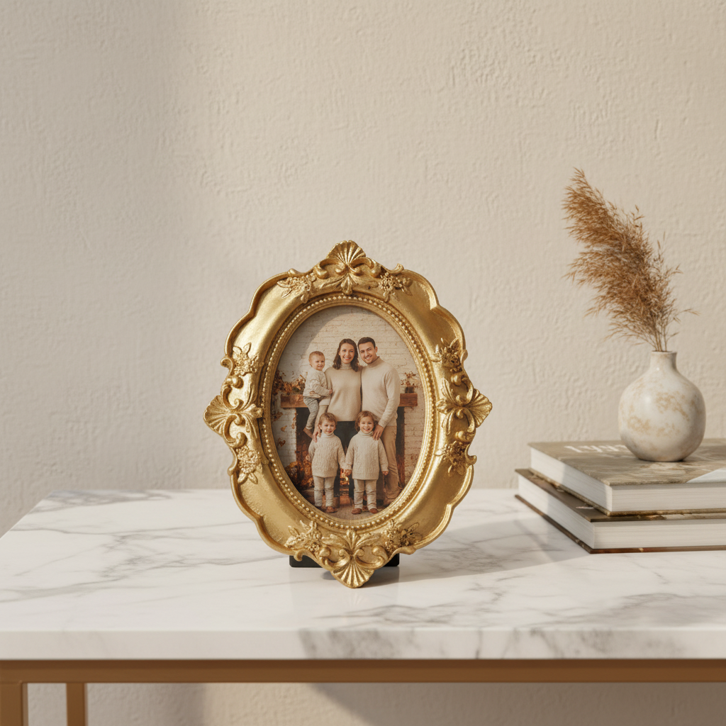 Golden retro resin photo frame on marble console table with family photo