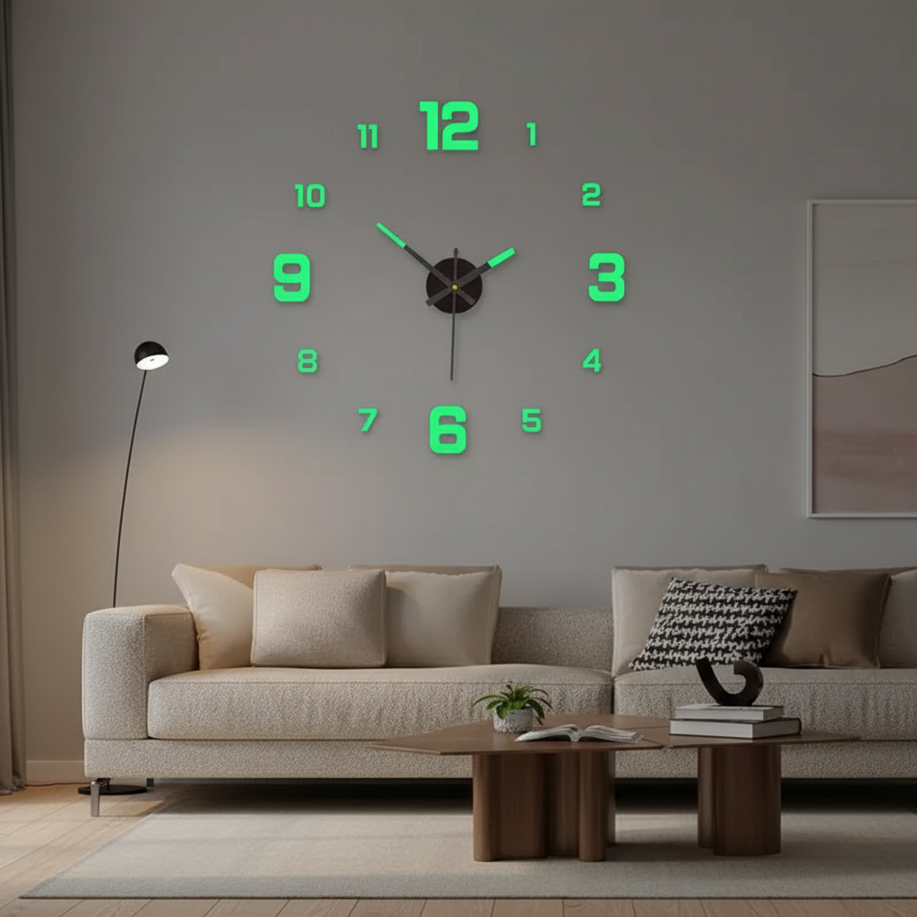 DIY 3D wall clock with luminous numbers in modern Scandinavian living room