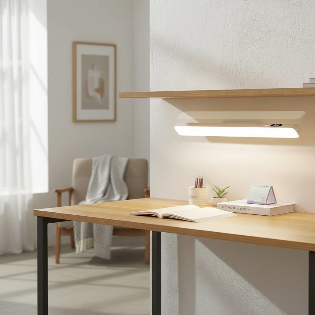 Rechargeable touch LED night light on minimalist wooden desk