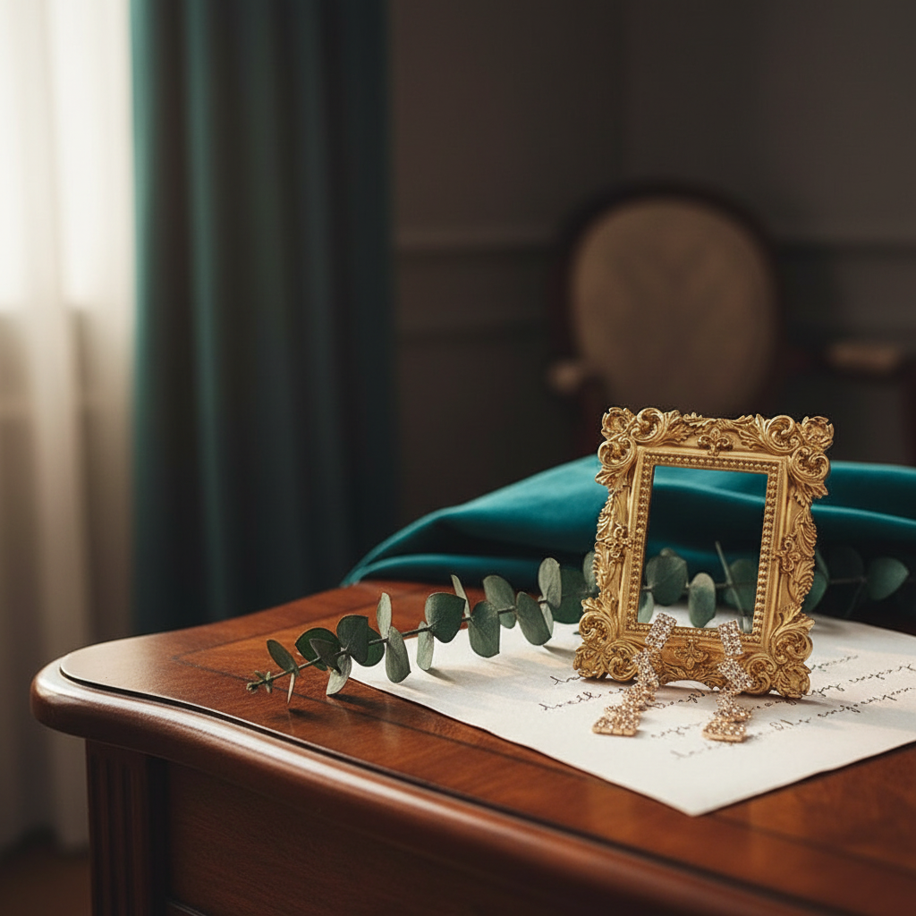 Retro gold resin photo frame as luxury gift on vanity table
