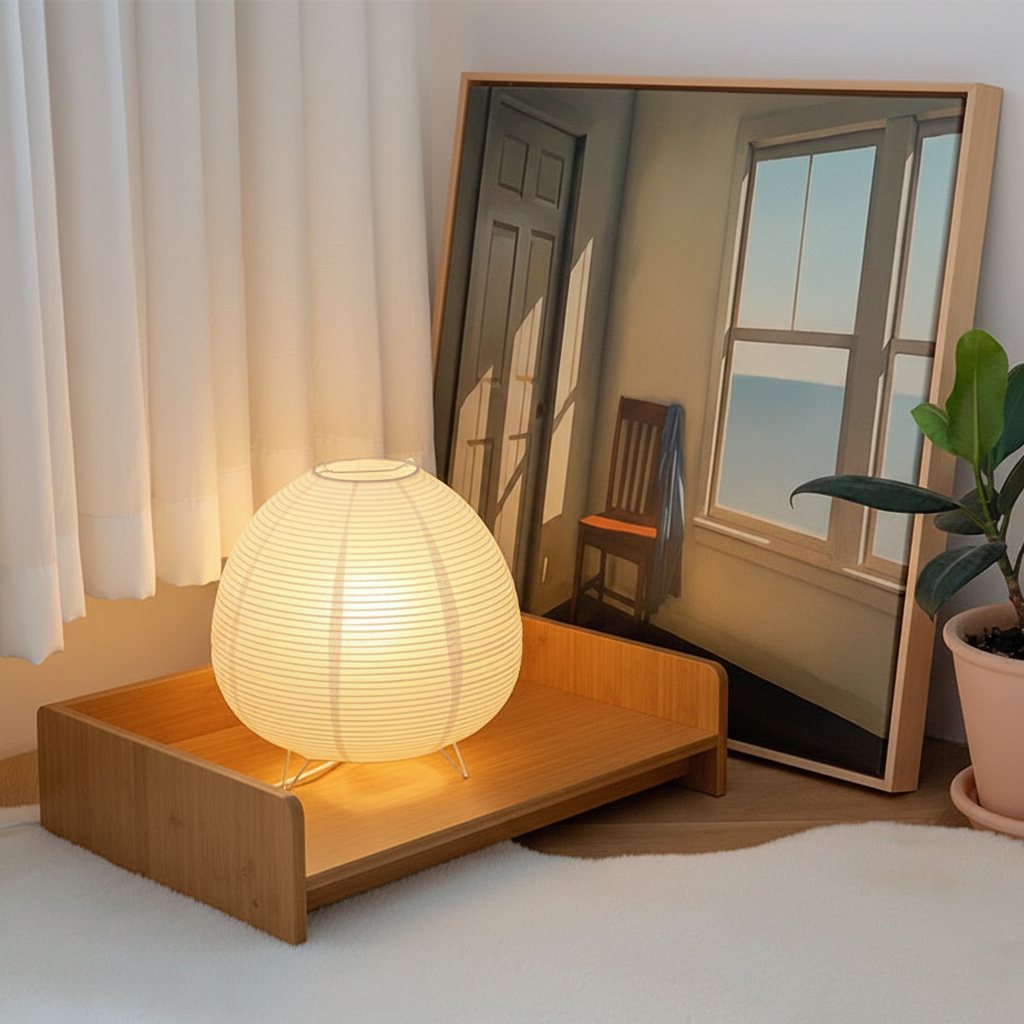 Rice paper Japanese lantern lamp on wooden desk in zen home office