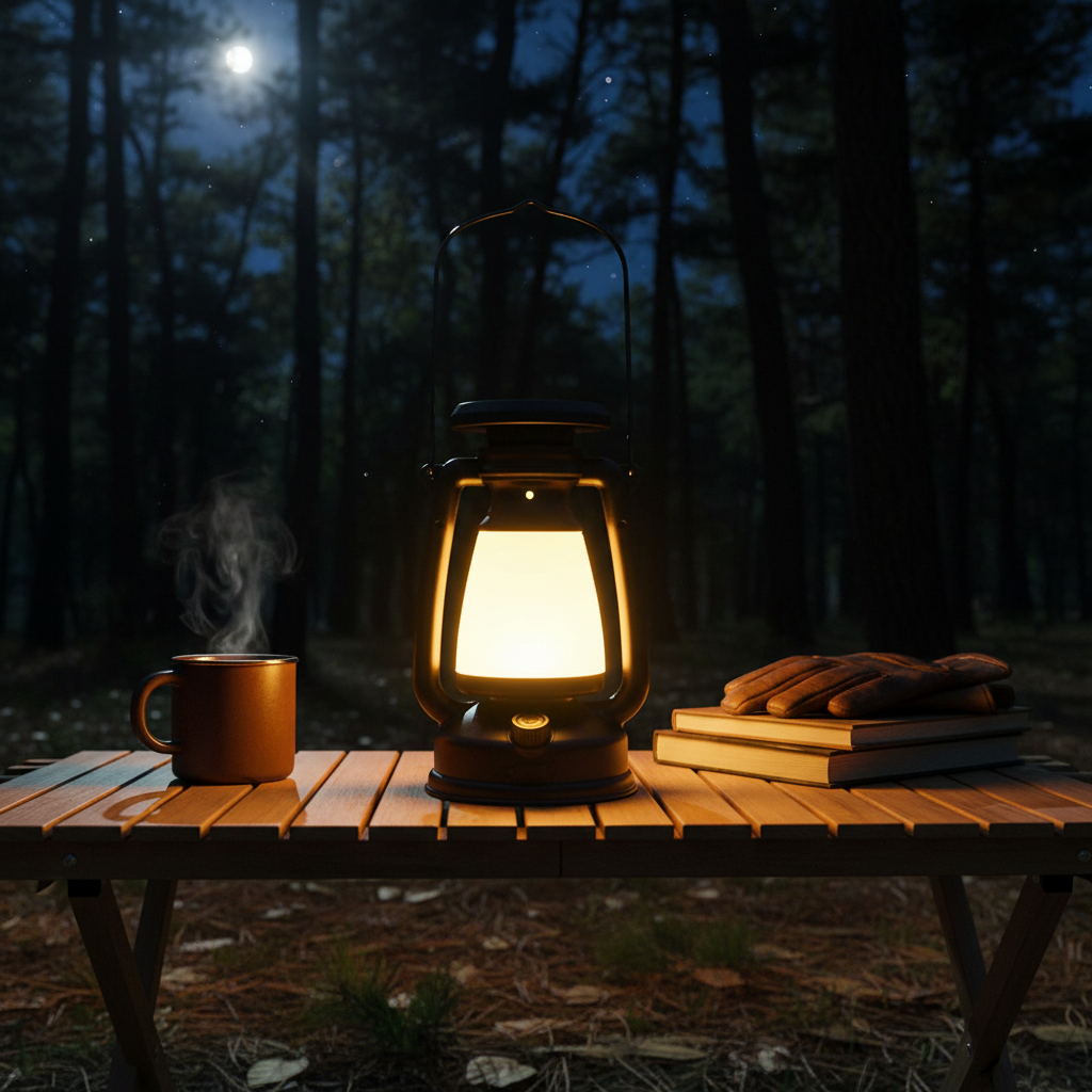 Portable retro LED lantern on camping table outdoors at night